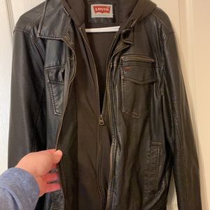 Medium-sized, brow , faux leather Levi jacket with built in hoodie